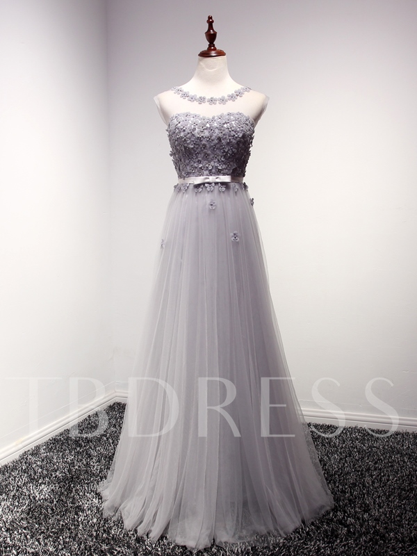 white bridesmaid dresses, white bridesmaid dress, Tulle Scoop Neck Flowers A-Line Long Bridesmaid Dress