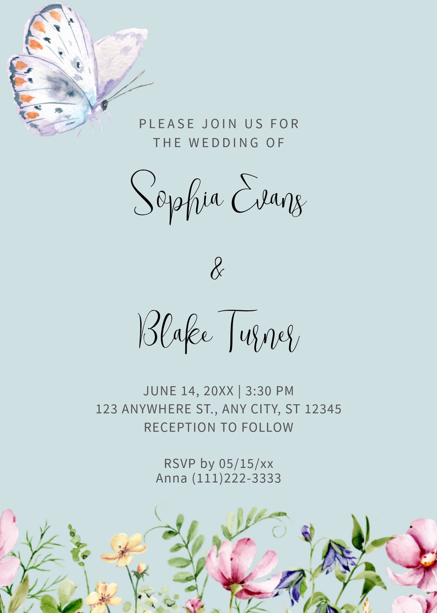 White Butterfly and Wildflowers Soft Green Wedding Invitation