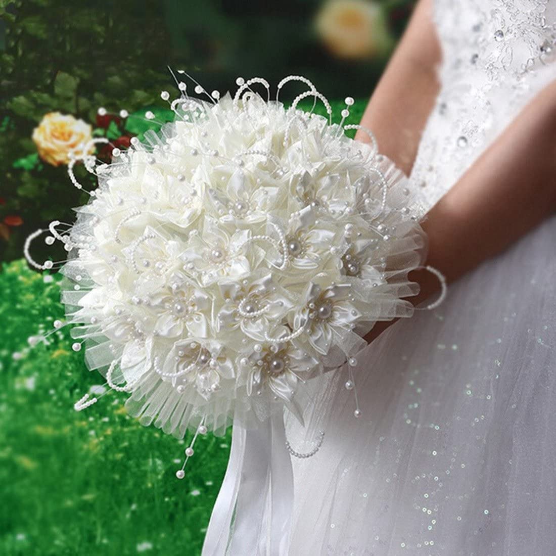 White Romantic Silk Bridal Bouquet With Pearls and Lace