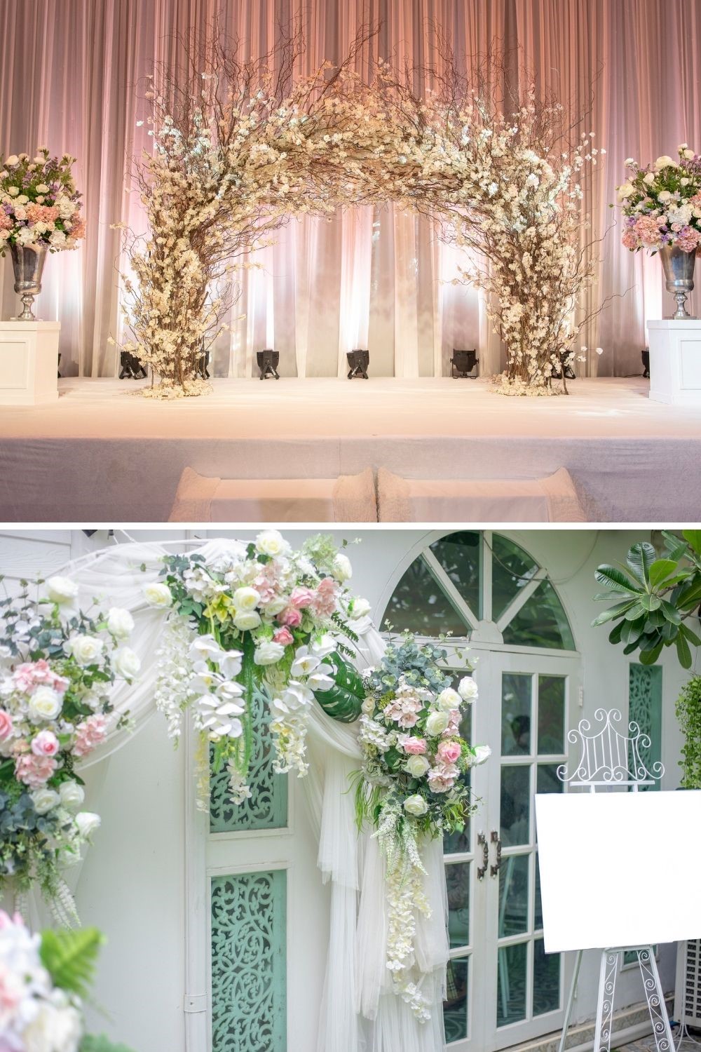 Photos of White Wedding flowers being used at wedding alter and wedding entrance