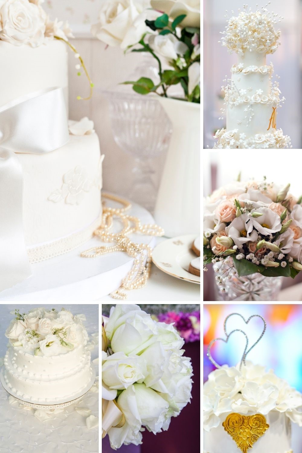 Wedding Collage with photos of white wedding flowers and wedding cakes with white wedding flowers