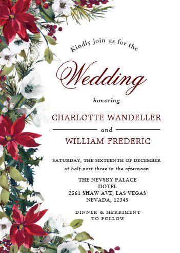winter wedding accessories, winter wedding invitations, winter wedding stationery, Red Poinsettia Floral Christmas Watercolor Wedding Invitation