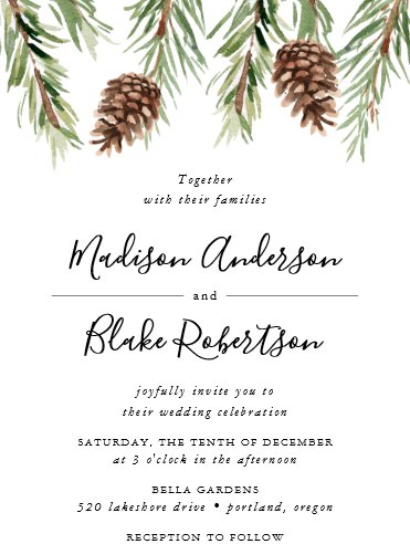 winter wedding accessories, winter wedding invitations, winter wedding stationery, Winter Watercolor Pine Cone Wedding Invitation