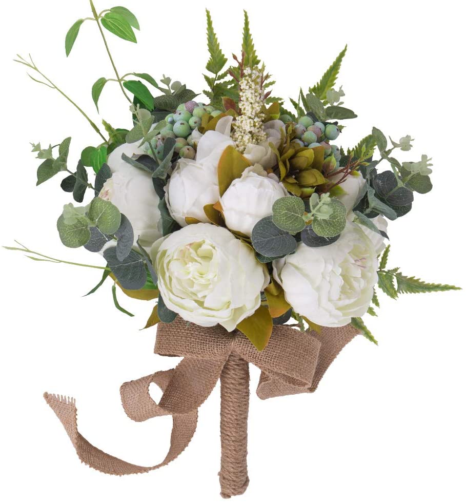 Artificial Green and White Country Bridal Bouquet with Peony Flowers and green berries