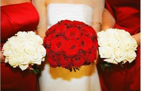 Red and White Winter Wedding - Bride with Red Bridal Bouquet, Bridesmaids With White  Bouquets