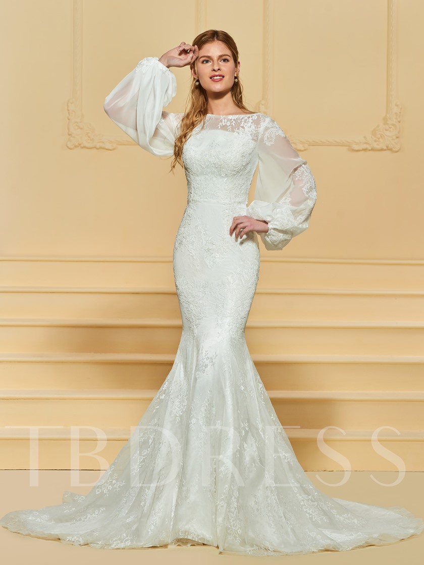 Winter Wedding Gowns, Puffed Sleeves Wedding Dress, Puff Long Sleeves Mermaid Lace Wedding Dress