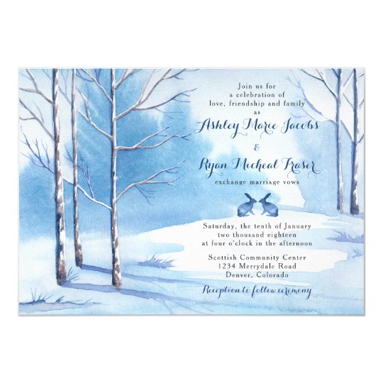 Winter wedding invitations, snowy wedding invitations, bunny wedding invitations, Winter Wedding Invitation Watercolor Trees Rabbits