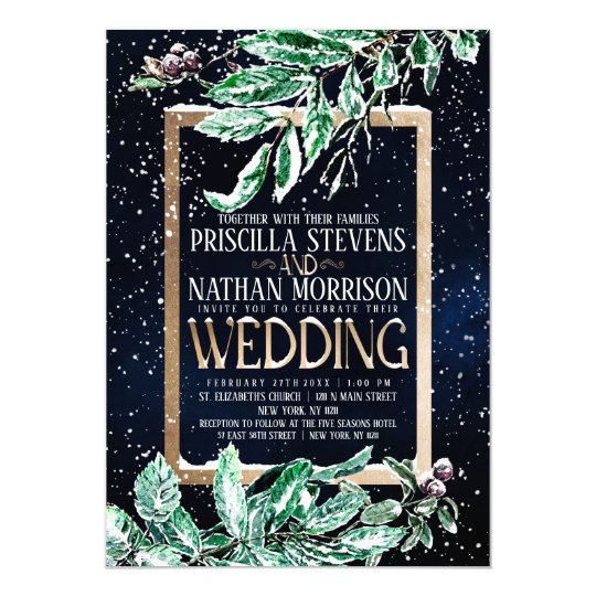 winter wedding invitations, greenery wedding invitations, stunning wedding invitations, Winter Snow Gold Navy Leaf Watercolor Wedding Invitation