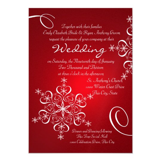 winter wedding invitations, red and white wedding invitations, snowflake wedding invitations, Snowflake Red Winter Wedding Invitation