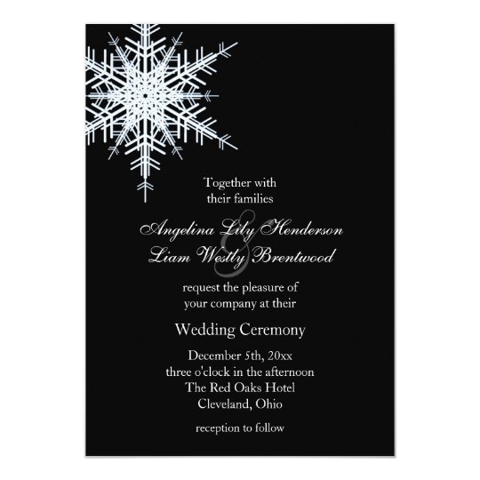 winter wedding invitations, black wedding invitations, snowflake wedding invitations, Large White Snowflake on Black Wedding Invitation