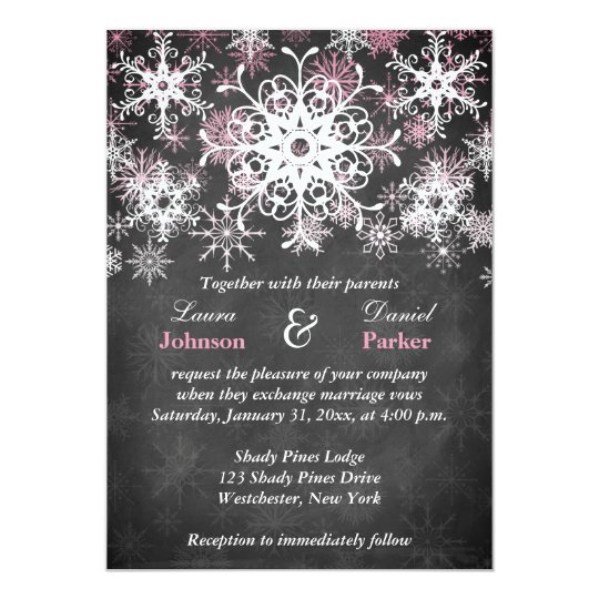 winter wedding invitations, black wedding invitations, black winter wedding invitations, Pink Snowy Chalkboard Style Wedding Invitation