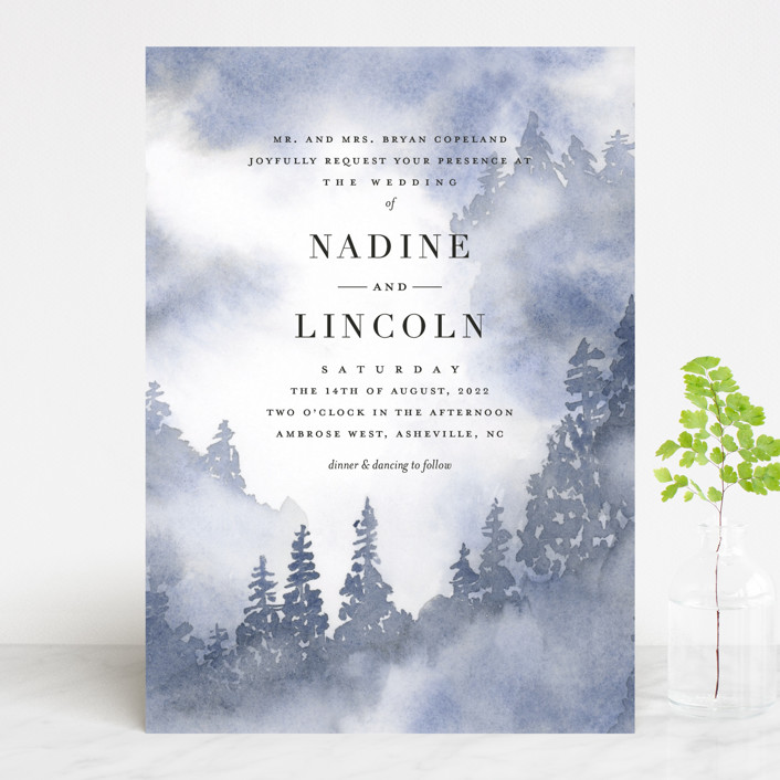 winter wedding invitations, forest wedding invitations, nature wedding invitations, Winter Misty Trees Wedding Invitation