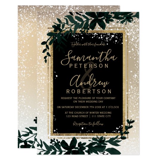 winter wedding invitations, winter greenery wedding invitations, gold and black wedding invitations, gold typography leaf snow elegant winter wedding invitation
