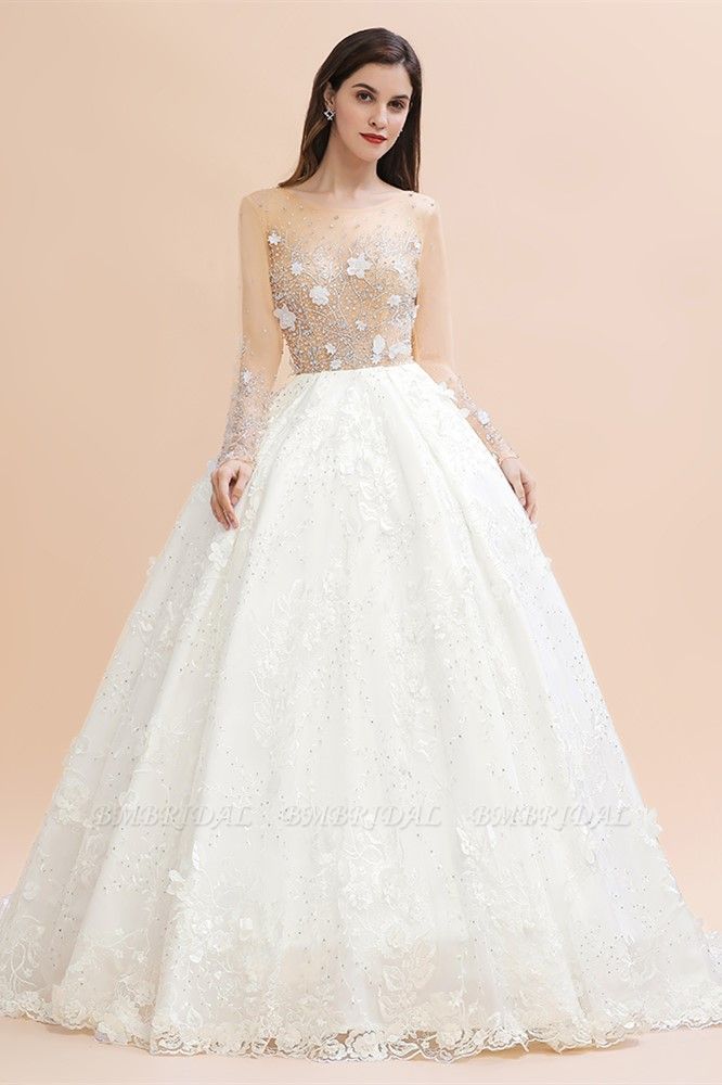 winter wedding themes, winter wedding gowns, winter wedding dresses, Luxury Ball Gown Tulle Lace Wedding Dress Long Sleeves Appliques Pearls Bridal Gowns with Flowers