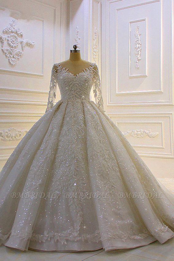 winter wedding themes, winter wedding gowns, winter wedding dresses, Luxury Ball Gown Lace Appliques Beading Wedding Dress Long Sleeves Ruffles