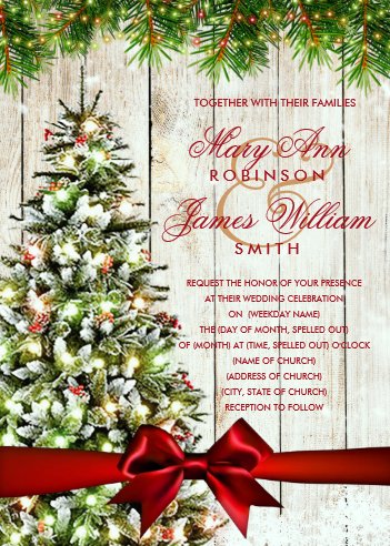winter wedding themes, winter wedding invitations, Christmas Wedding Invitations, Christmas Tree Wedding Invitation, Christmas Wedding Tree, Lights & Red Ribbon Invitation