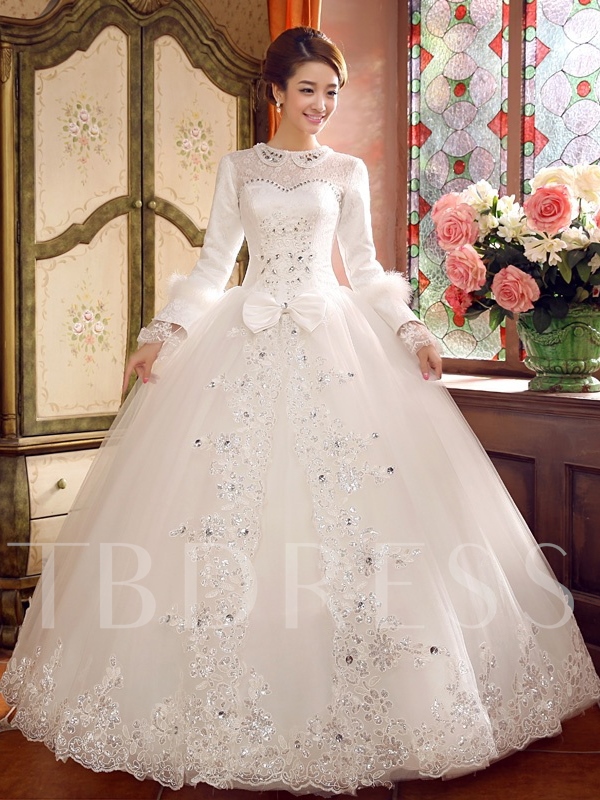 winter wedding themes, winter wedding gowns, winter wedding dresses, Long Sleeve Beading Lace-Up Vintage Wedding Dress