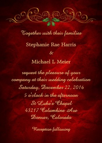 winter wonderland wedding ideas, red wedding invitations, red winter wedding invitations, red Christmas wedding invitations, Elegant Red Holly Christmas Wedding Invitation