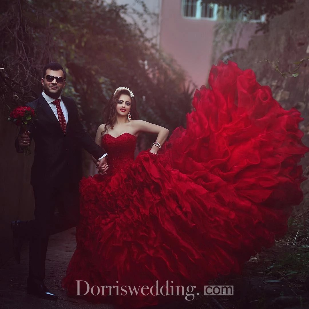 winter wonderland wedding ideas, red wedding gown, red wedding dress, red winter wedding gown, red winter wedding dress, Red Sweetheart Organza Wedding Ball Gown