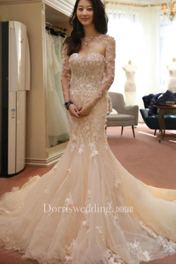 winter wonderland wedding ideas, winter wedding dresses, winter wedding gowns, Designer Open Back Sheer Flowers Long Sleeve Mermaid Wedding Dress