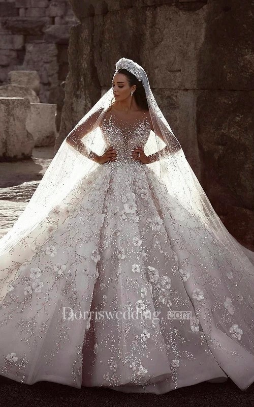 winter wonderland wedding ideas, winter wedding gowns, winter wedding dresses, winter wedding ball gowns, Illusion Long Sleeve 3D Floral Luxury Bridal Ballgown With Beading And Appliques