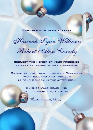 winter wonderland wedding ideas, winter wedding invitations, blue winter wedding invitations, blue Christmas wedding invitations, Blue Christmas Starfish Tropical Wedding Invite