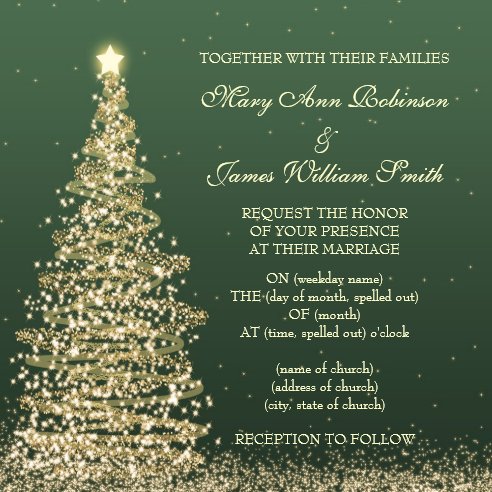 winter wonderland wedding ideas, green wedding invitations, green winter wedding invitations, winter Christmas tree wedding invitation, Elegant Christmas Wedding Gold Green Invitation