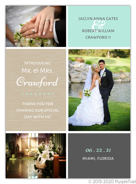 wedding announcements, AQUA AND CHAMPAGNE GRID WEDDING ANNOUNCEMENT, pretty multi-photo wedding announcements