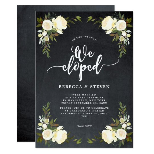 wedding announcements, ivory floral modern we eloped invitation chalk, elopement announcement