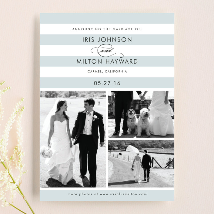 wedding announcements, Striped Gallery Wedding Announcement, blue and white striped wedding announcement