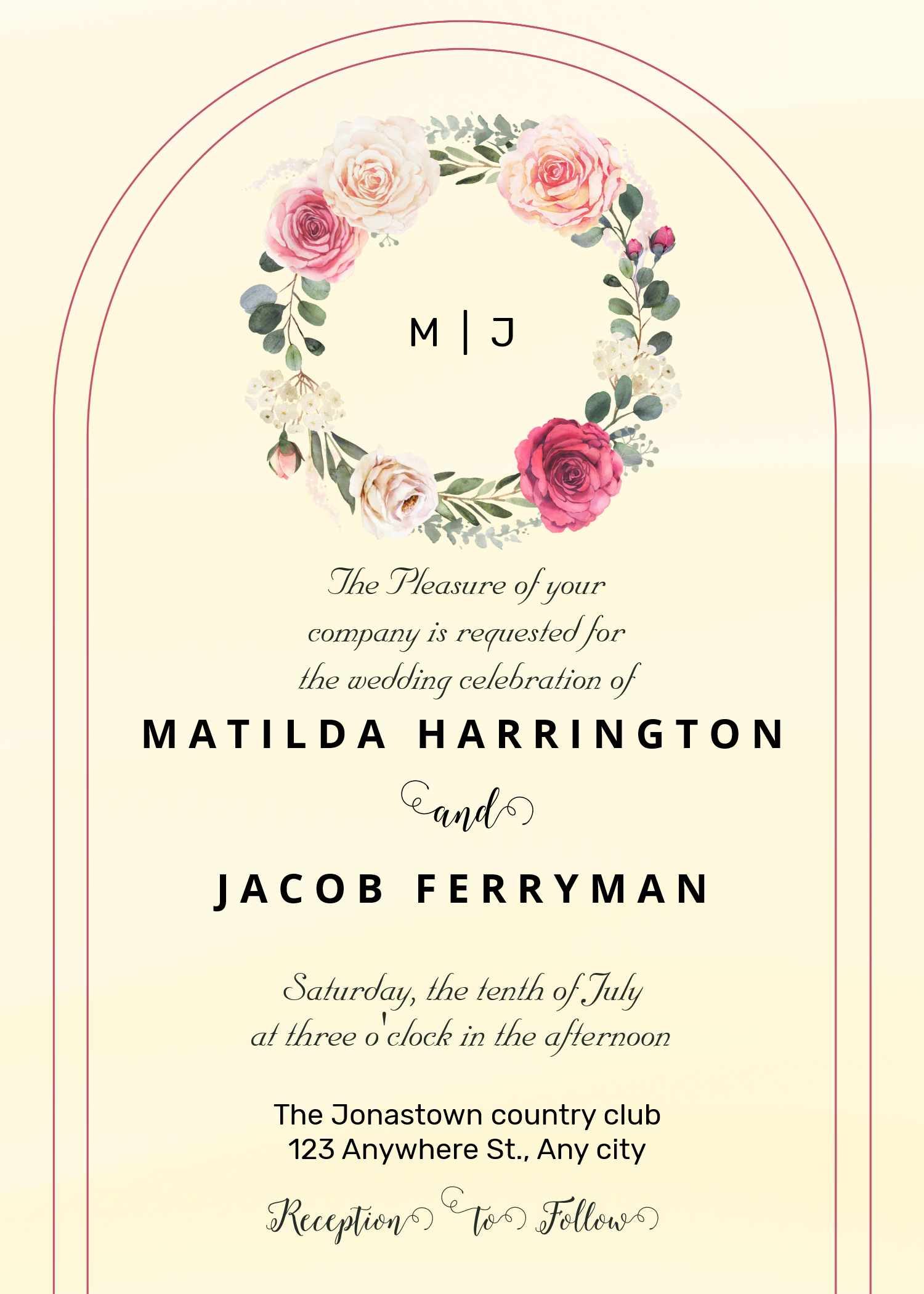 Yellow Botanical Monogram Floral Wreath Invitation