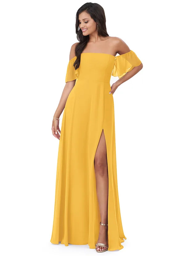 Yellow Off The Shoulders A-Line Bridesmaid Dress with Leg Slit and Fitted Waist
