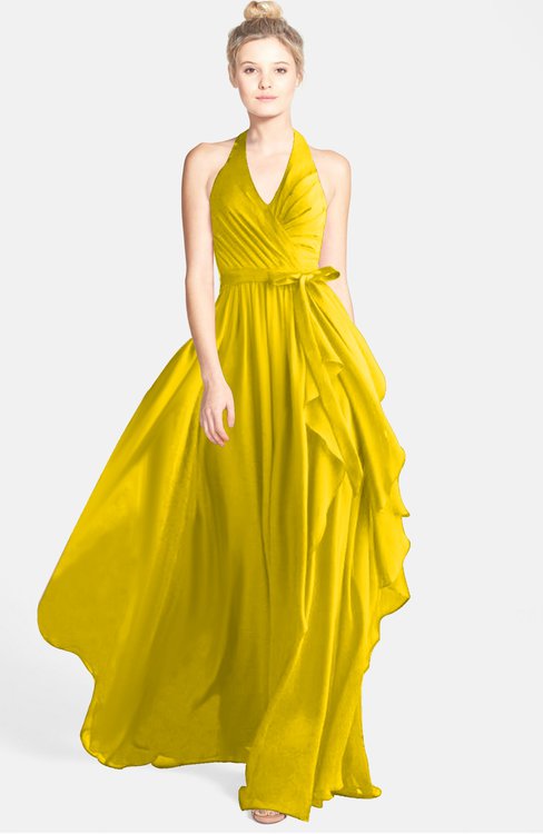 Yellow Halter Neck Bridesmaid Dress - Elegant and Glamorous Dress