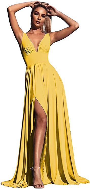 Yellow Beach Bridesmaid Dress - Lightweight V-Neck Gown with Leg Slit