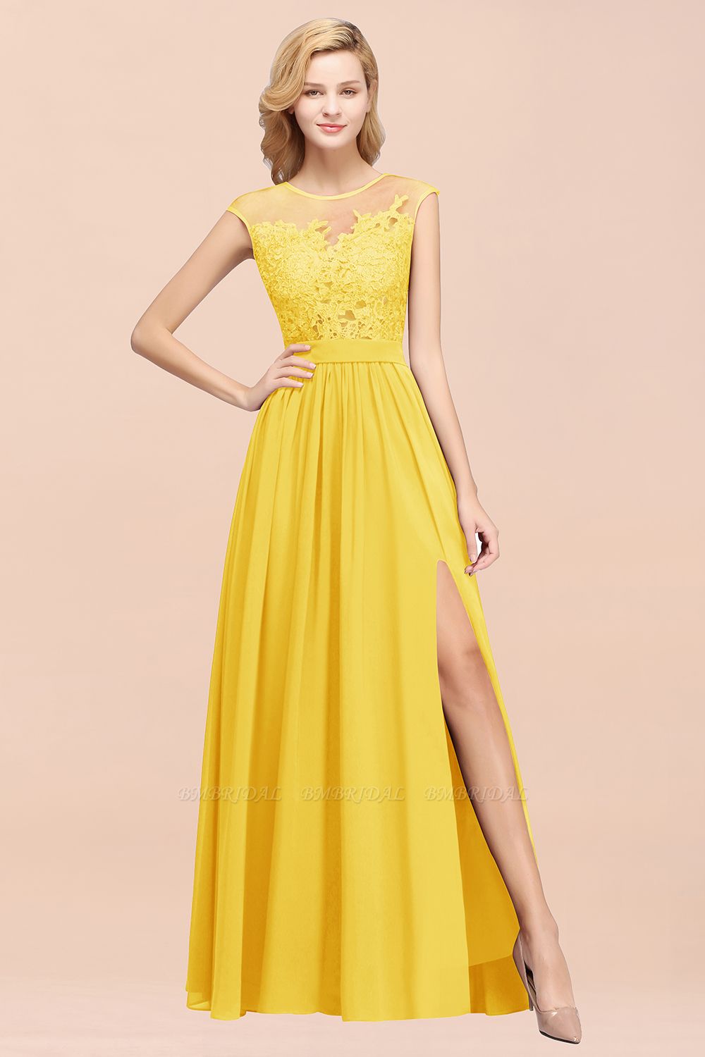 Yellow Lace Top Bridesmaid Dress - A - Line, Jewel Neckline, Made of Chiffon and Lace