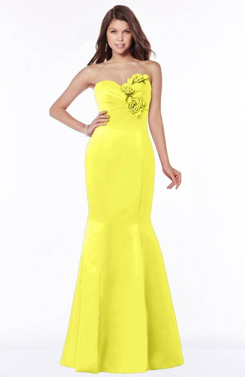 Pale Yellow Strapless and Elegant Mermaid Satin Bridesmaid Dress With Floral Accent