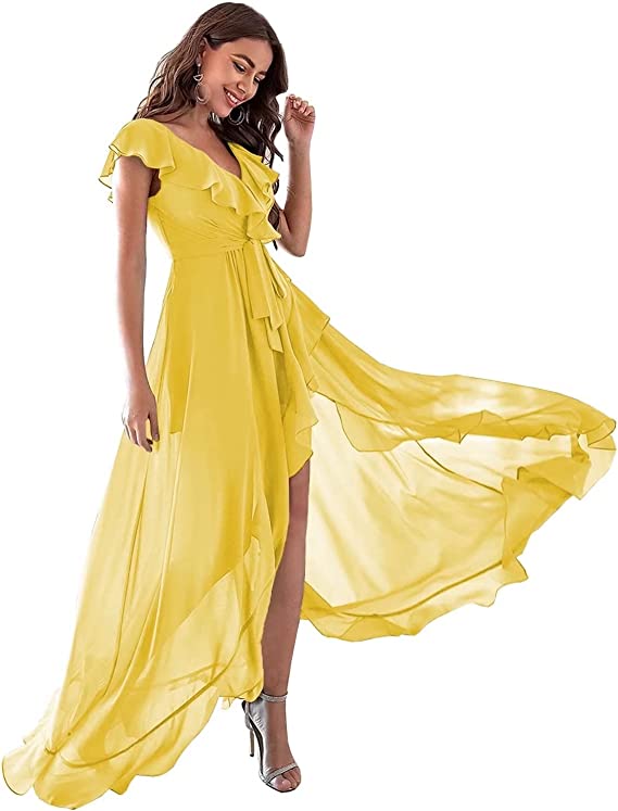 Yellow Bohemian Bridesmaid Dress with Ruffles and Back Corset