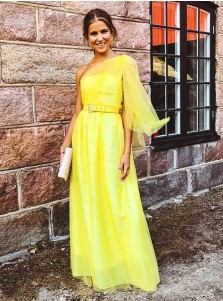 Summer One Shoulder Bright Yellow Bridesmaid Dress - A-Line, Long and Tulle. Stunning!