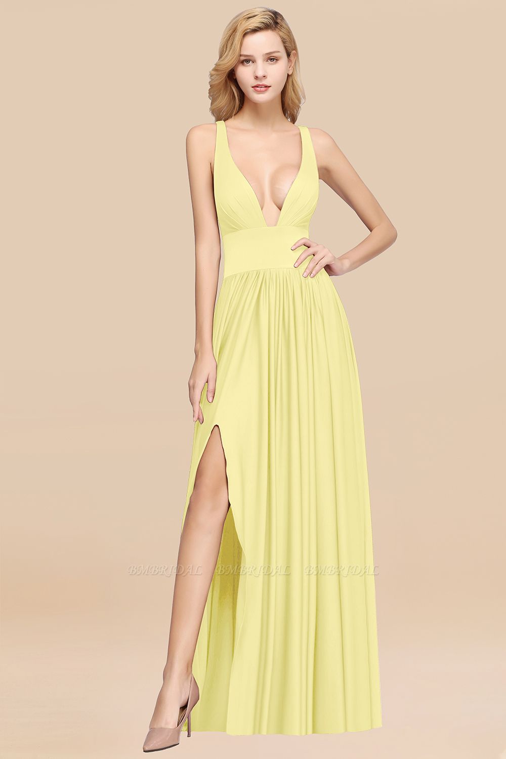 Bright Yellow Bridesmaid Dress - Sexy Deep V-Neck Sleeveless Bridesmaid Dress