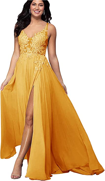 Dark Yellow Lace Bridesmaid Dress - V-Neck Chiffon