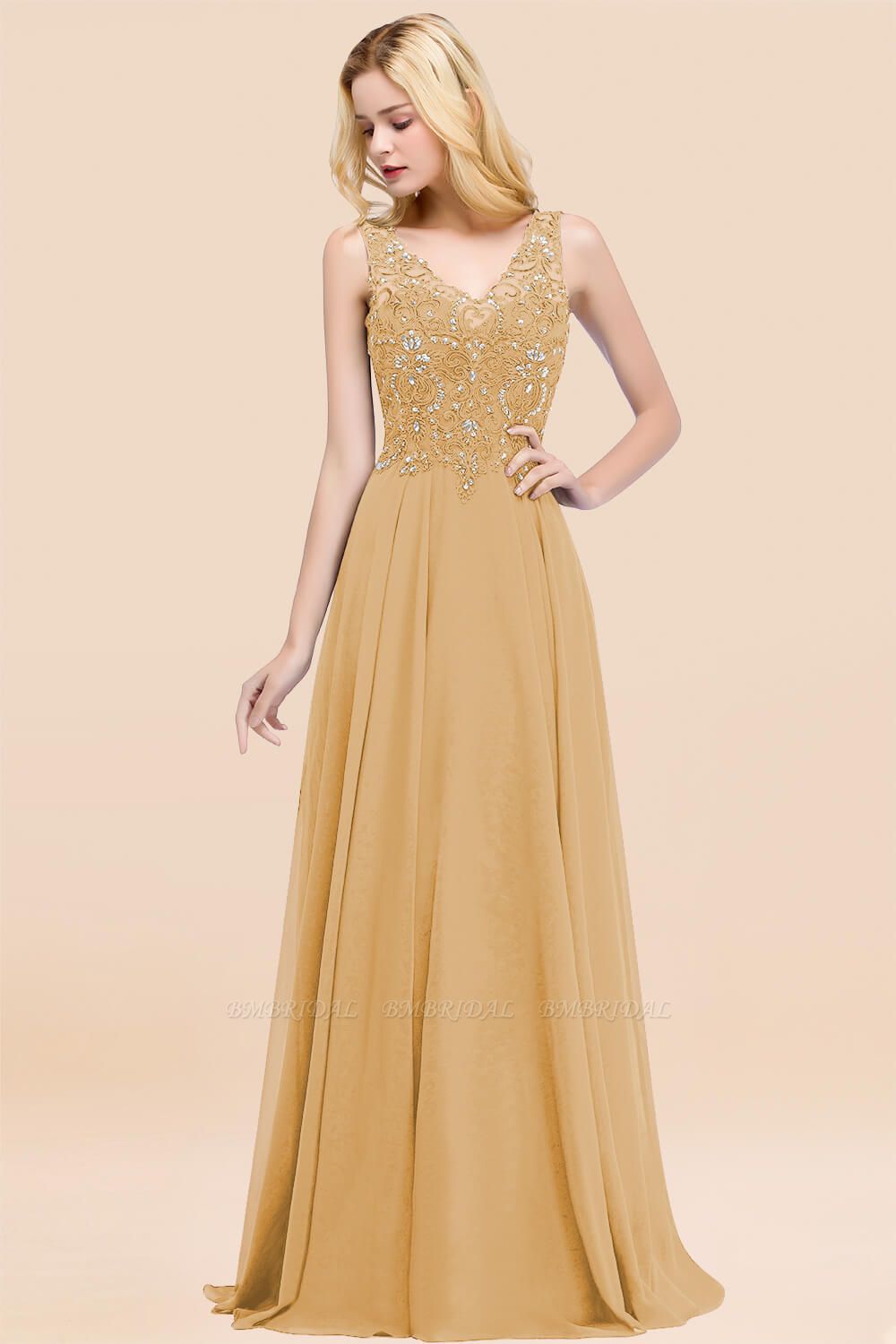 Gold Lace V-Neck Bridesmaid Dress with Appliques