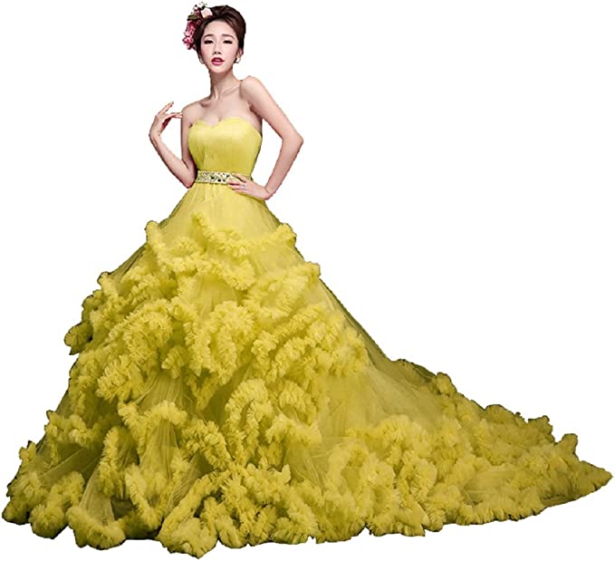 Yellow Tulle Layered Wedding Dress With Belt Train